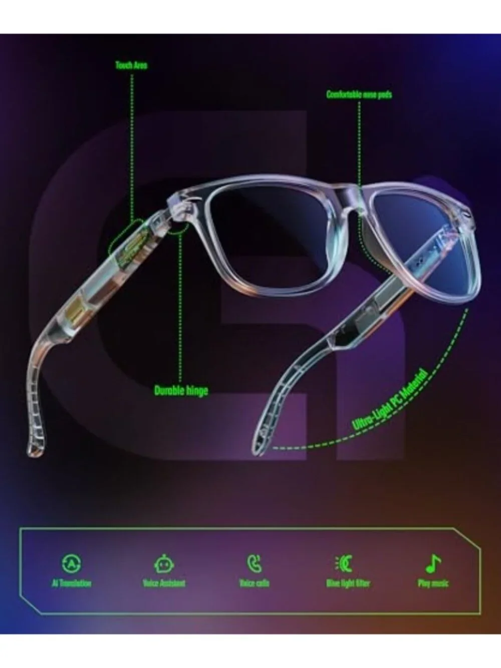 Smart AI Glasses with Auto-On Wear Detection, Bluetooth Glasses for Men Women, B